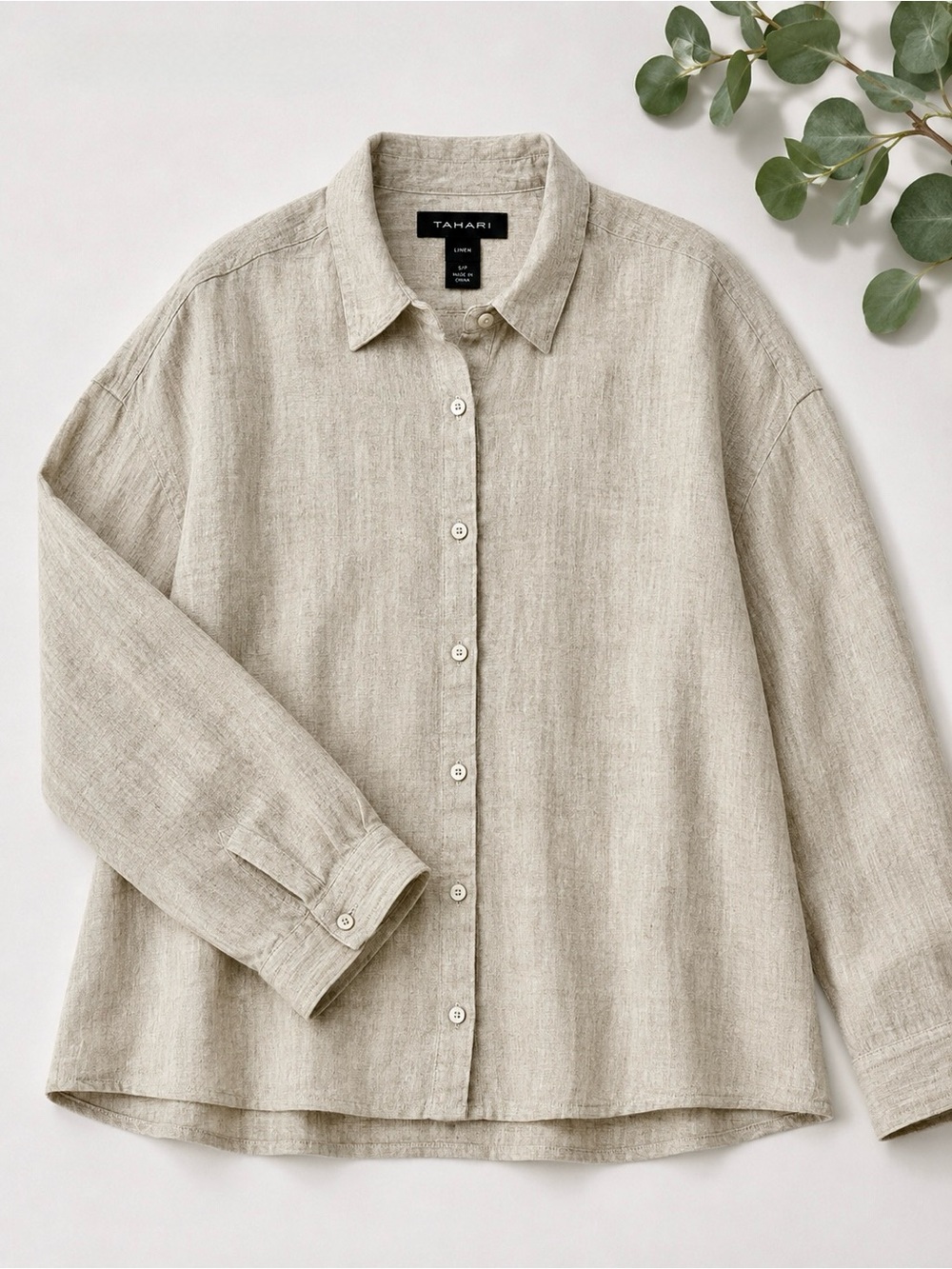 Tahari 100% Linen Button Front Shirt XL Oatmeal Crinkle European Flax Relaxed